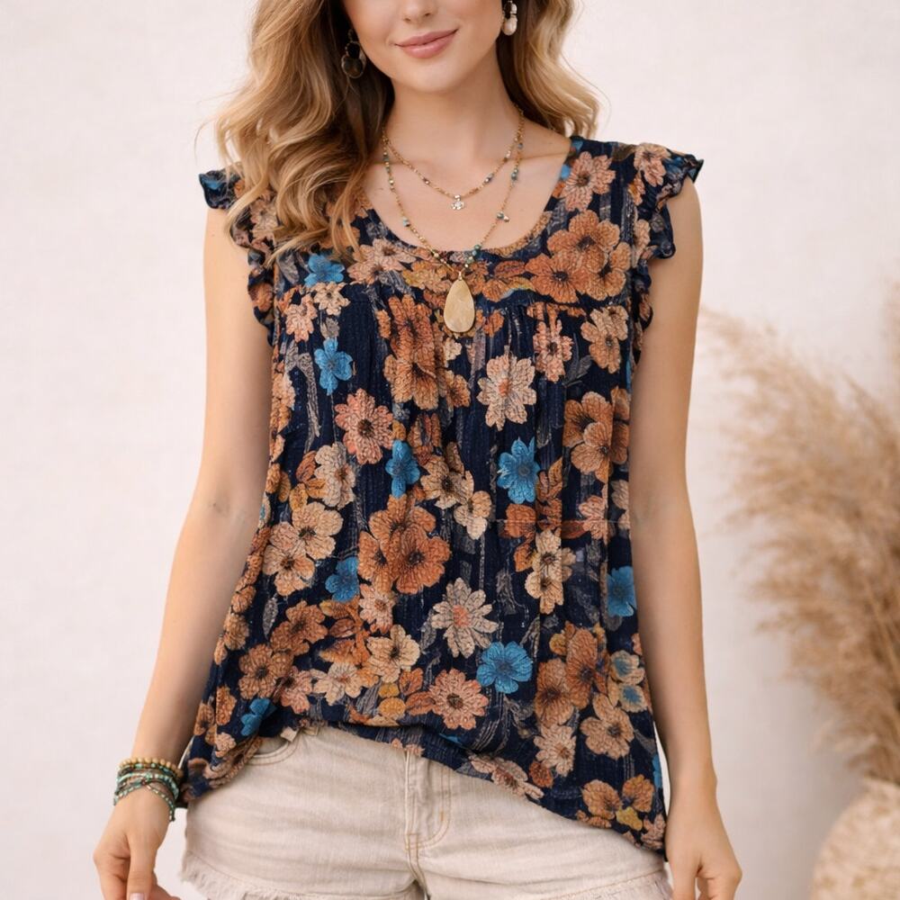 ECI Navy Blue Floral Ruffle Sleeve Tank Top